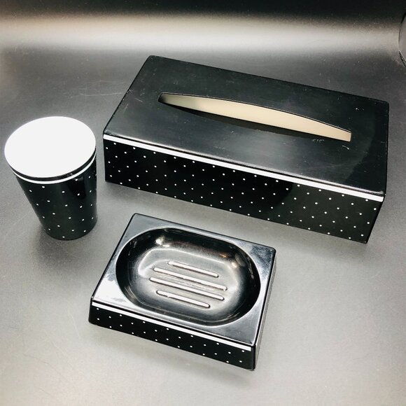 60s Mod Black and White Polka Dots Bathroom Accessory SET Tissue Box Cover Soap - Picture 1 of 11